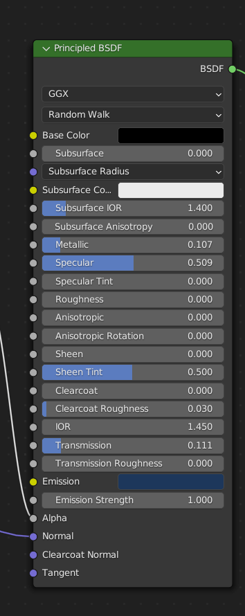 BSDF node settings for the base material