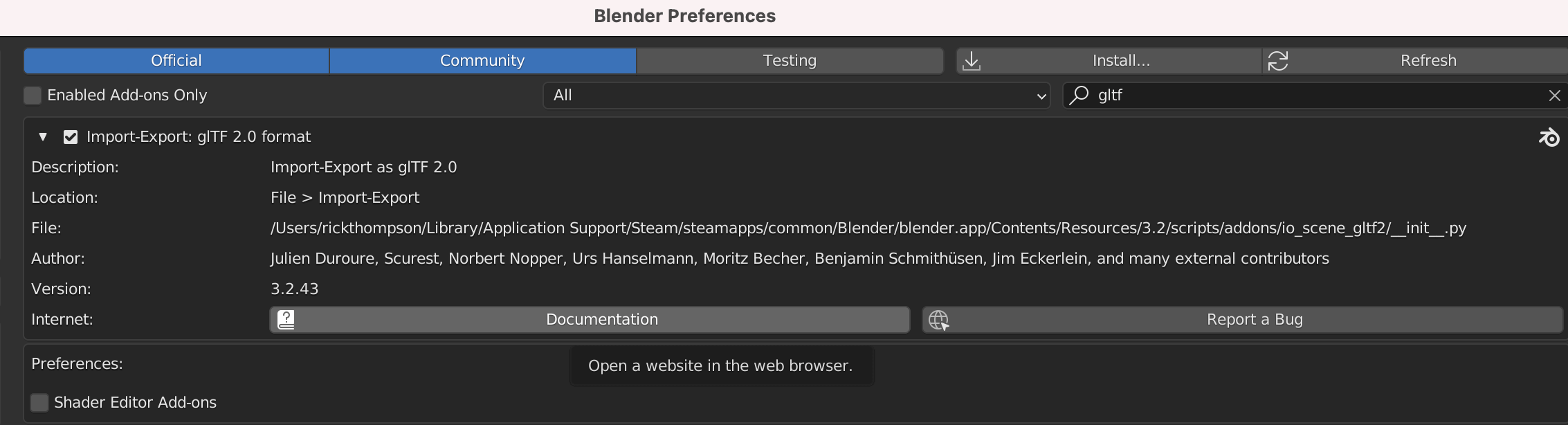 GTLF2 Exported in addons section of preferences in blender