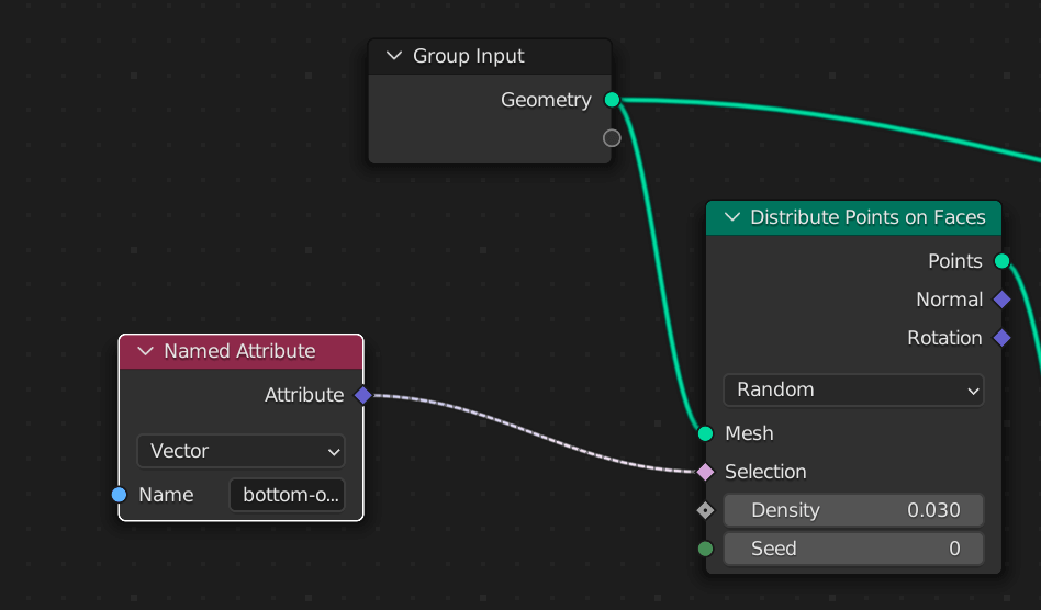 Distributing points on faces with bottom of cloud vertex group selected in a named attribute