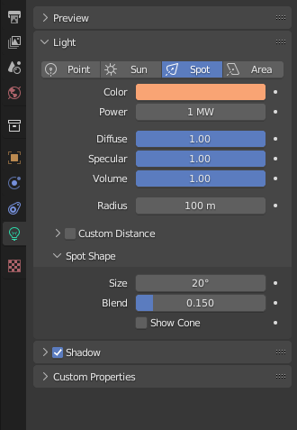 Light source settings in blender