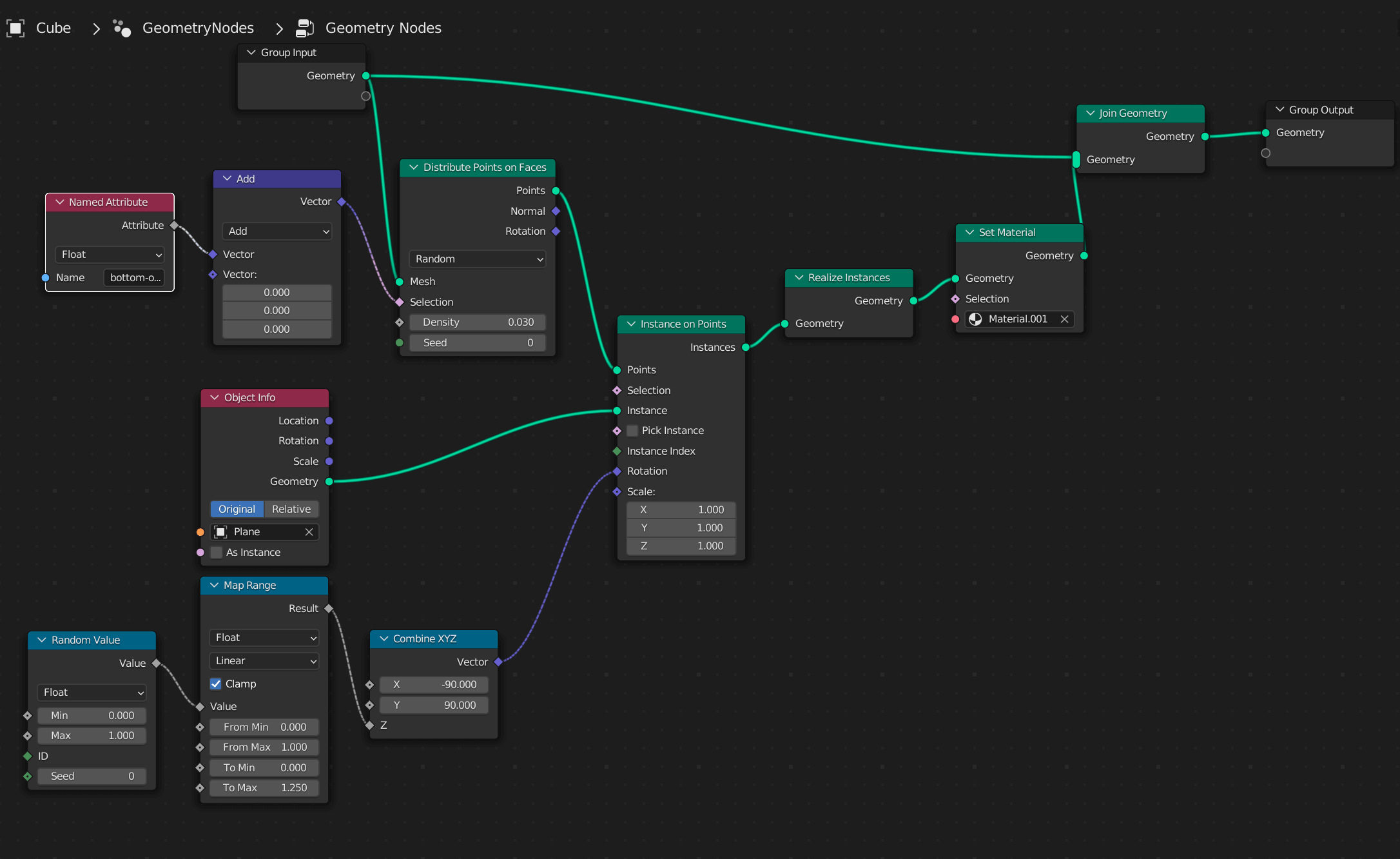 Geometry node setup for spreading light shaft planes on base of cloud